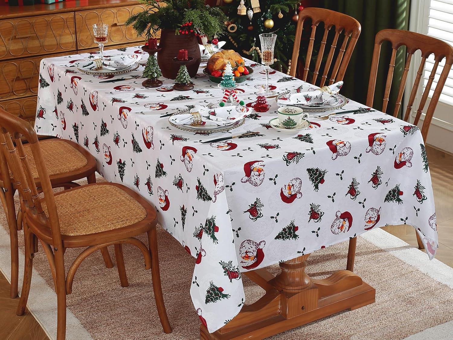 Christmas Tablecloth Rectangle 52 x 70 Inch Spill Proof Wrinkle Free Red Santa Claus Holly Berry Xmas Tree Jacquard Table Cloth, Damask Fabric Table Cover for Holiday, Winter Decoration, White