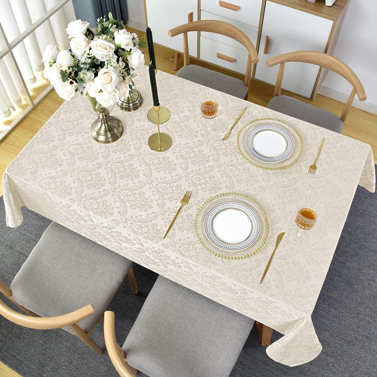 SASTYBALE Jacquard Tablecloth Rectangle 52 x 70 Inch Beige, Spill Proof Wrinkle Free Damask Table Cloth, Washable Polyester Table Cover for Dining Room, Party, Indoor, Outdoor (Off White, Oblong)