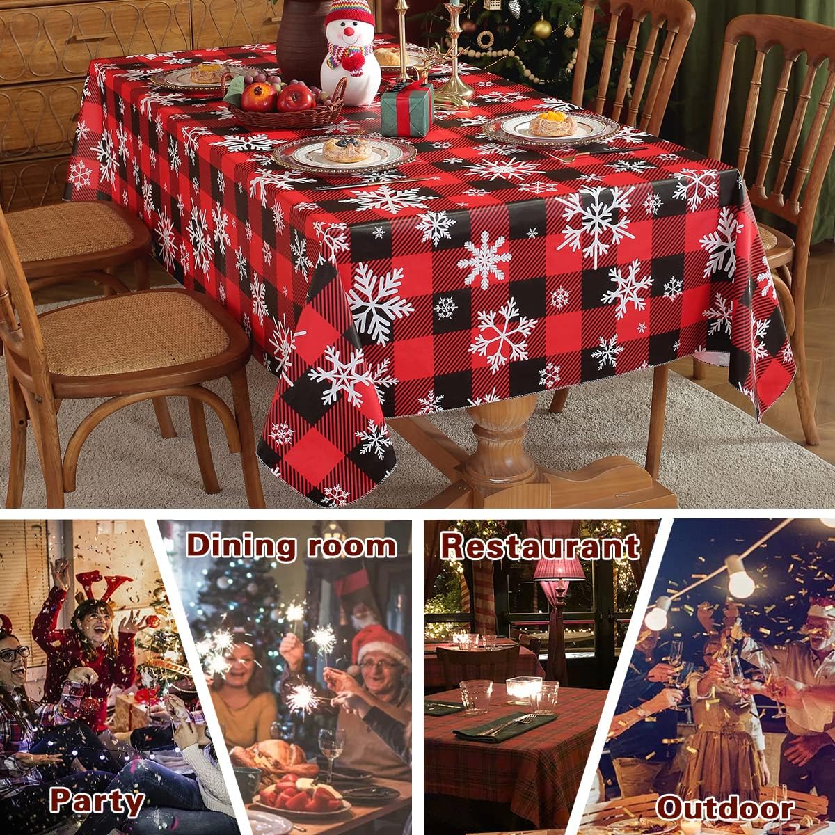 SASTYBALE Christmas Tablecloth Rectangle Vinyl with Flannel Backing, Buffalo Plaid Snowflake Print, Waterproof & Heavy Duty Plastic Table Cover for Dining, Party, Holiday, 52 x 70 Inch Red and Black