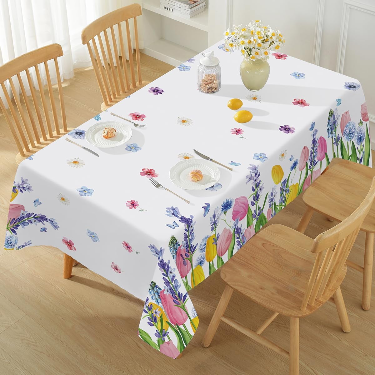 SASTYBALE Spring Floral Tablecloth Rectangle, Washable Tulip Lavender Table Cloth Polyester, Spill Proof Wrinkle Resistant Table Cover for Picnic, Party, Dinner Outdoor Decor (Rectangle, 52" x 70")