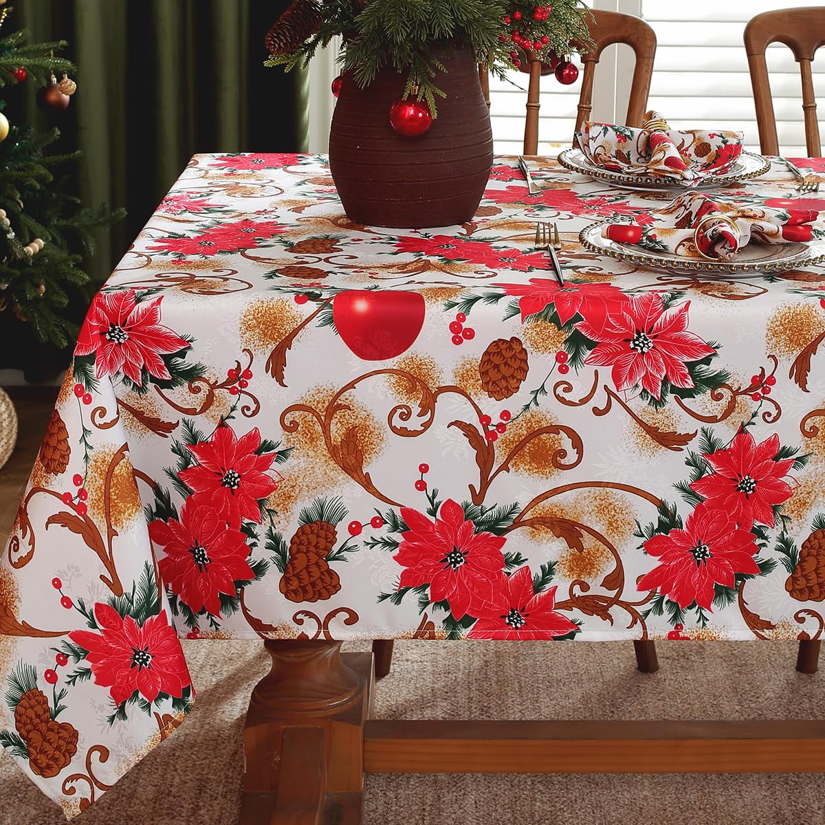 SASTYBALE Christmas Tablecloth Rectangle,Jacquard Fabric Christmas Table Cloth with Poinsettia Flowers, Spillproof Table Cover for Winter Holiday Dinner Decor