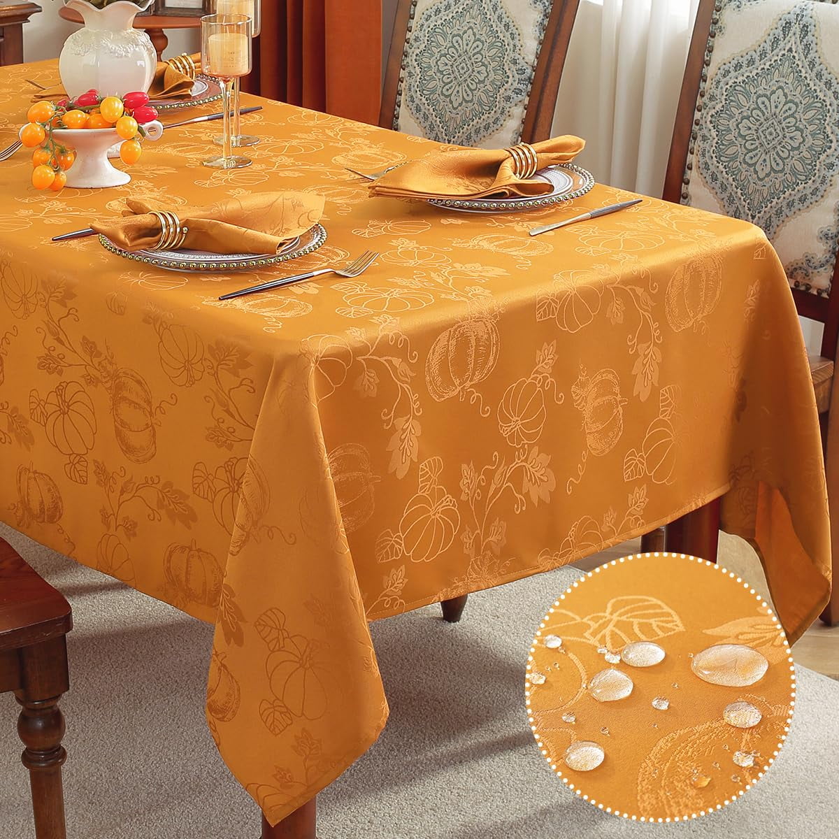 Fall Tablecloths Jacquard Thanksgiving Table Cloth with Pumpkins and Vines, Stain Resistant Table Cover for Harvest, Dining, Party Decor 52" x 52" Rust
