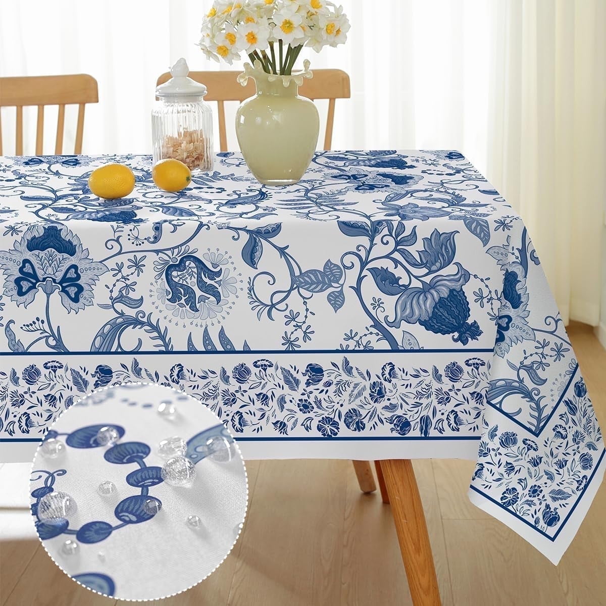 SASTYBALE Lemon Tablecloth Rectangle 52 x 70 Inch, Spillproof Wrinkle Free Polyester Fabric Table Cloth, Soft Floral Table Cover for Spring/Summer/Dining/Party, Blue