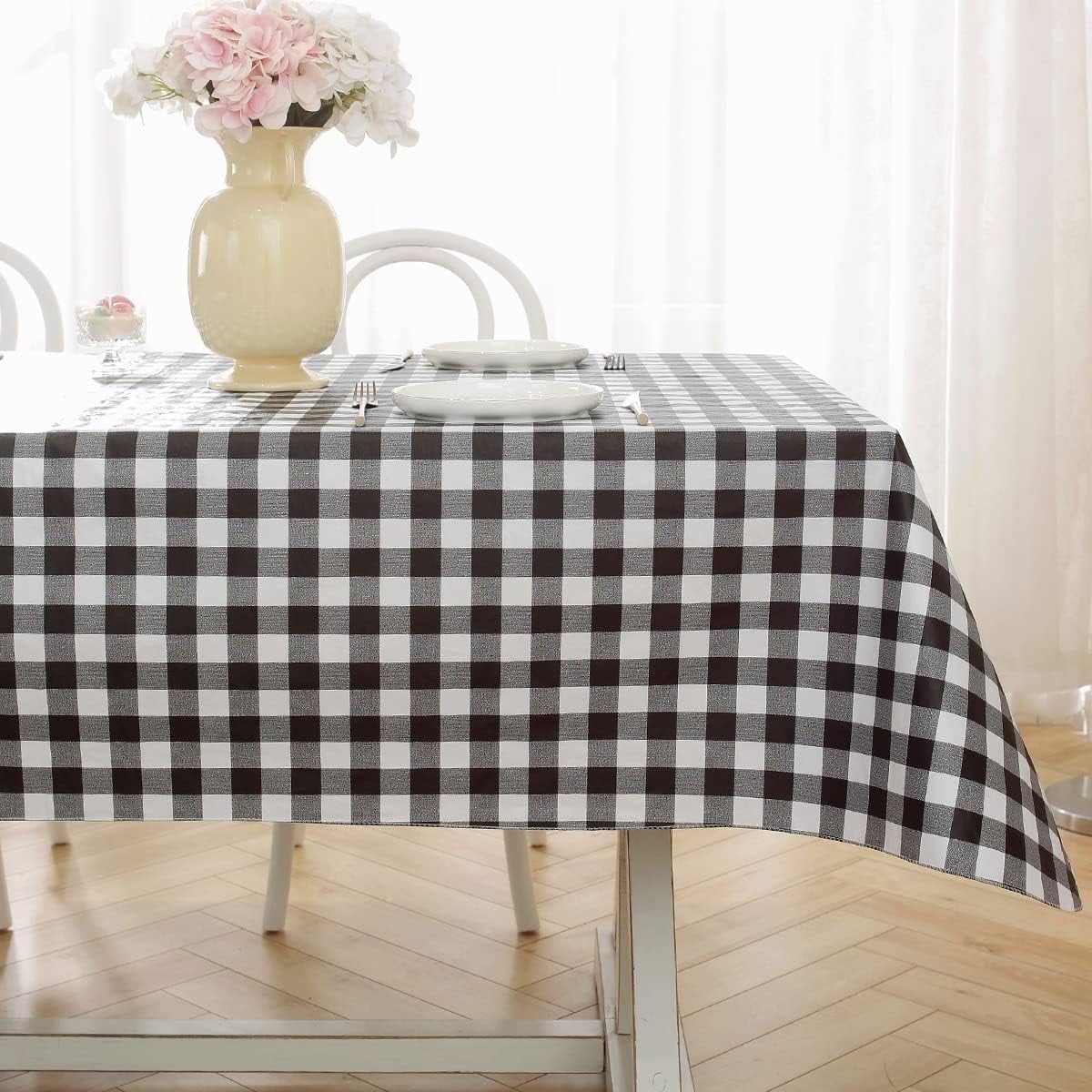 Buffalo Plaid Vinyl Tablecloth With Flannel Backed Rectangle 60 x 120 Inch, Waterproof & Non Slip Checkered Tablecloths, Plastic Table Cover for Dining, Party, Indoor, Outdoor, Black and White