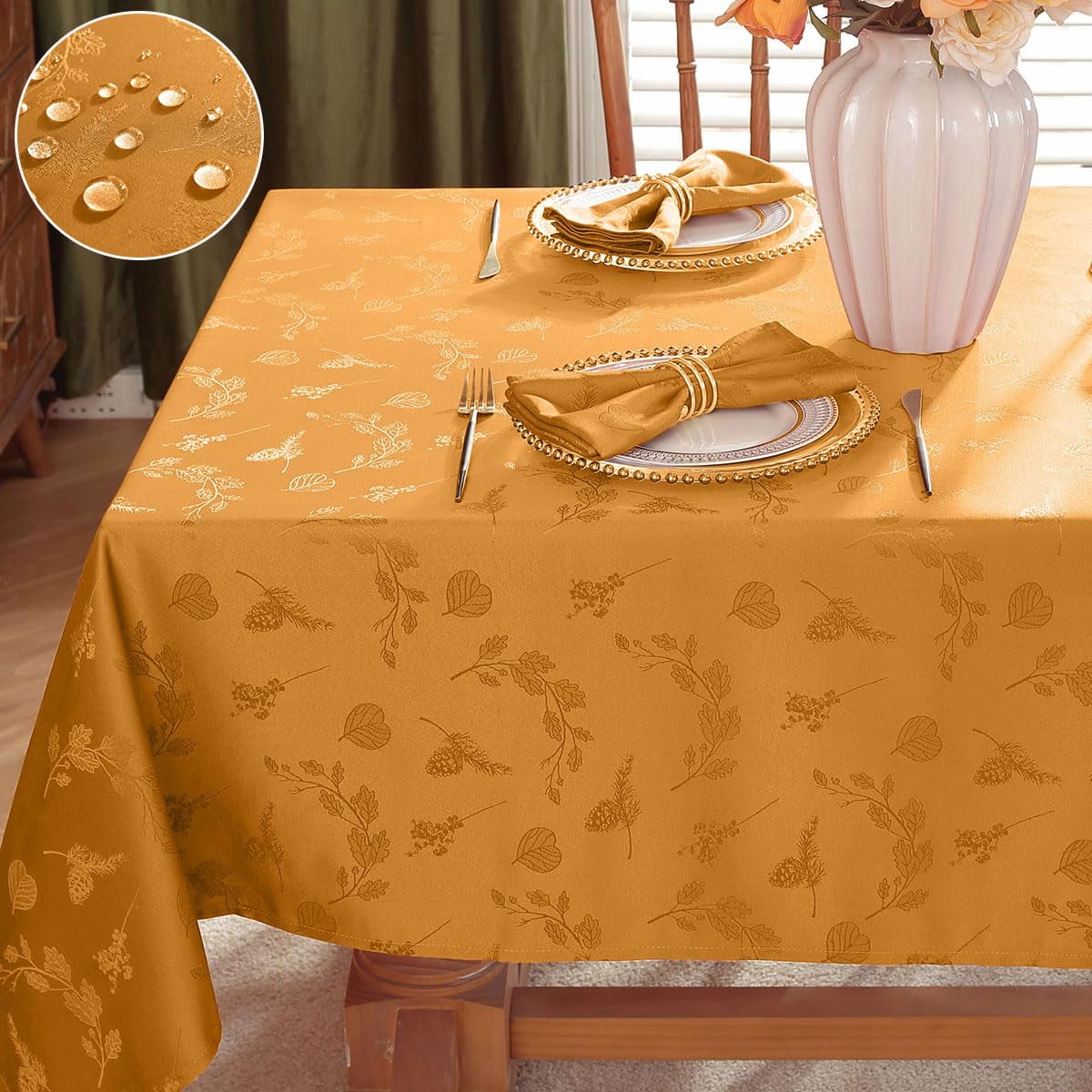Tablecloth Rectangle 60 x 84 Inch Waterproof Wrinkle Free Autumn Ginkgo Leaves Jacquard Fabric Table Cloths for Fall Thanksgiving Harvest, Dining Party Decoration, Amber
