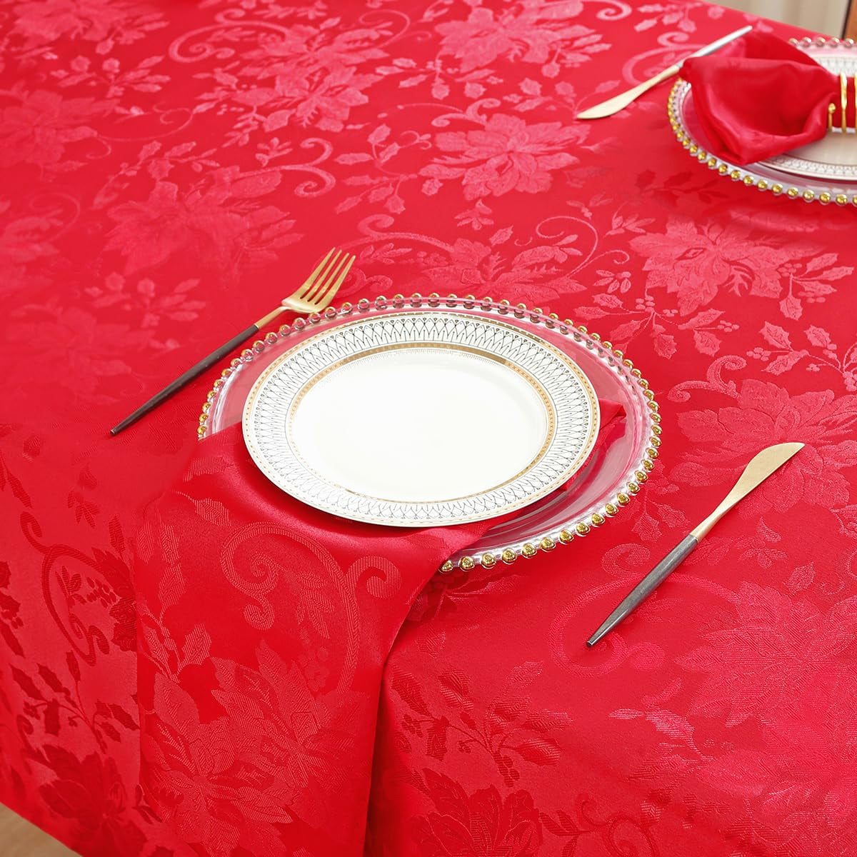 SASTYBALE Christmas Tablecloth Rectangle Poinsettia Jacquard Xmas Tablecloths, Spillproof Anti-Wrinkle Damask Fabric Table Cover for Winter, Xmas & Holiday Parties