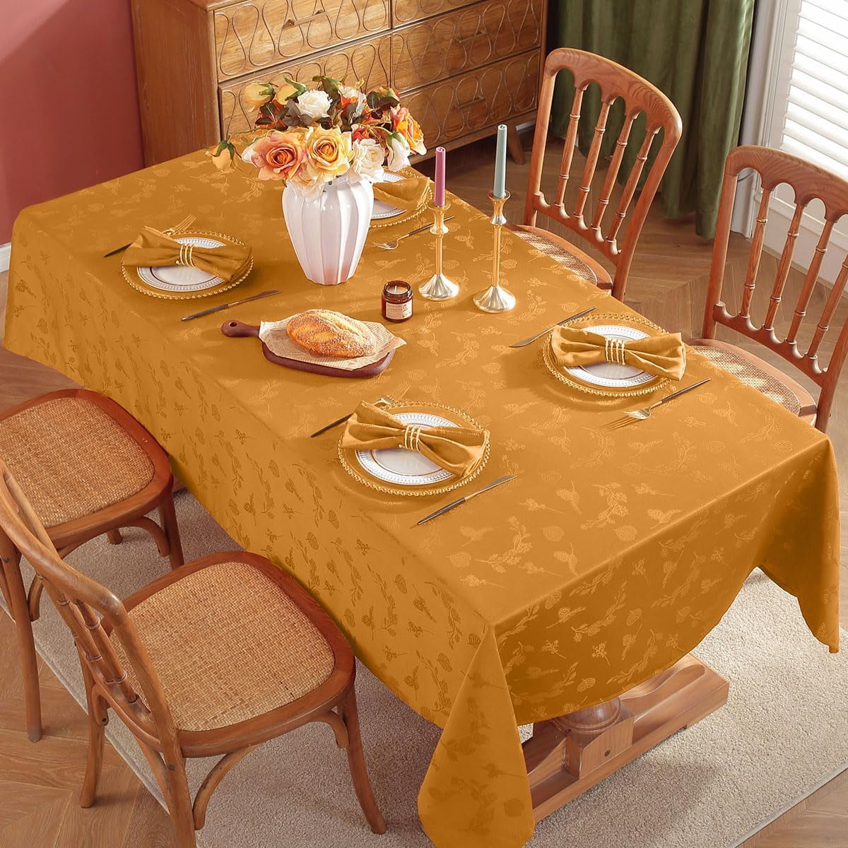 Tablecloth Rectangle 60 x 84 Inch Waterproof Wrinkle Free Autumn Ginkgo Leaves Jacquard Fabric Table Cloths for Fall Thanksgiving Harvest, Dining Party Decoration, Amber