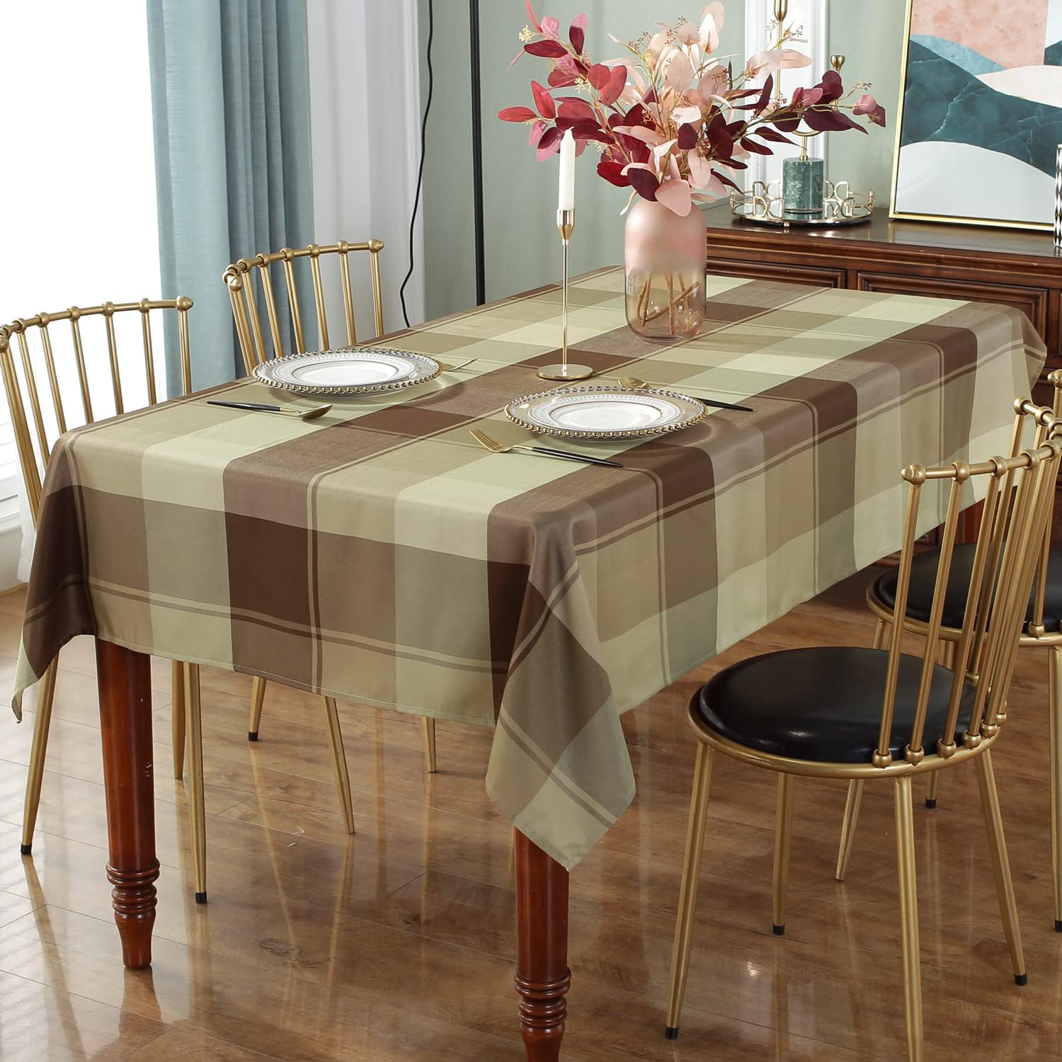 Rectangle Tablecloth 52 x 70 Inch Checkered Table Cloths Spillproof Anti-Shrink Soft and Wrinkle Resistant Decorative Fabric Table Cover for Kitchen Dinning Tabletop Outdoor(Rectangle/Oblong,Taupe)