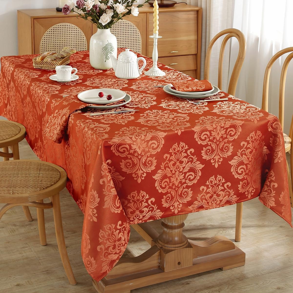 SASTYBALE Tablecloth Rectangle 52 x 70 Inch Waterproof Stain Resistant Jacquard Damask Table Cloth, Polyester Table Cover for Fall, Thanksgiving, Autumn, Harvest Party, Holiday Dinner, Orange/Rusty