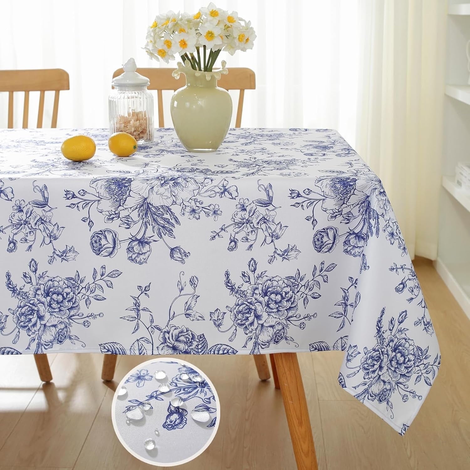 SASTYBALE Lemon Tablecloth Rectangle 52 x 70 Inch, Spillproof Wrinkle Free Polyester Fabric Table Cloth, Soft Floral Table Cover for Spring/Summer/Dining/Party, Blue