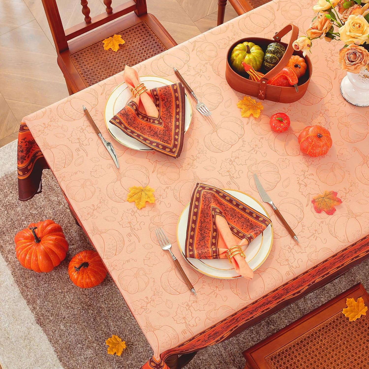 SASTYBALE Fall Harvest Tablecloth, Rectangle Pumpkin Print, Orange & Brown Autumn Tones, Wrinkle-Resistant Easy-Care for Thanksgiving Dinners & Holiday Party