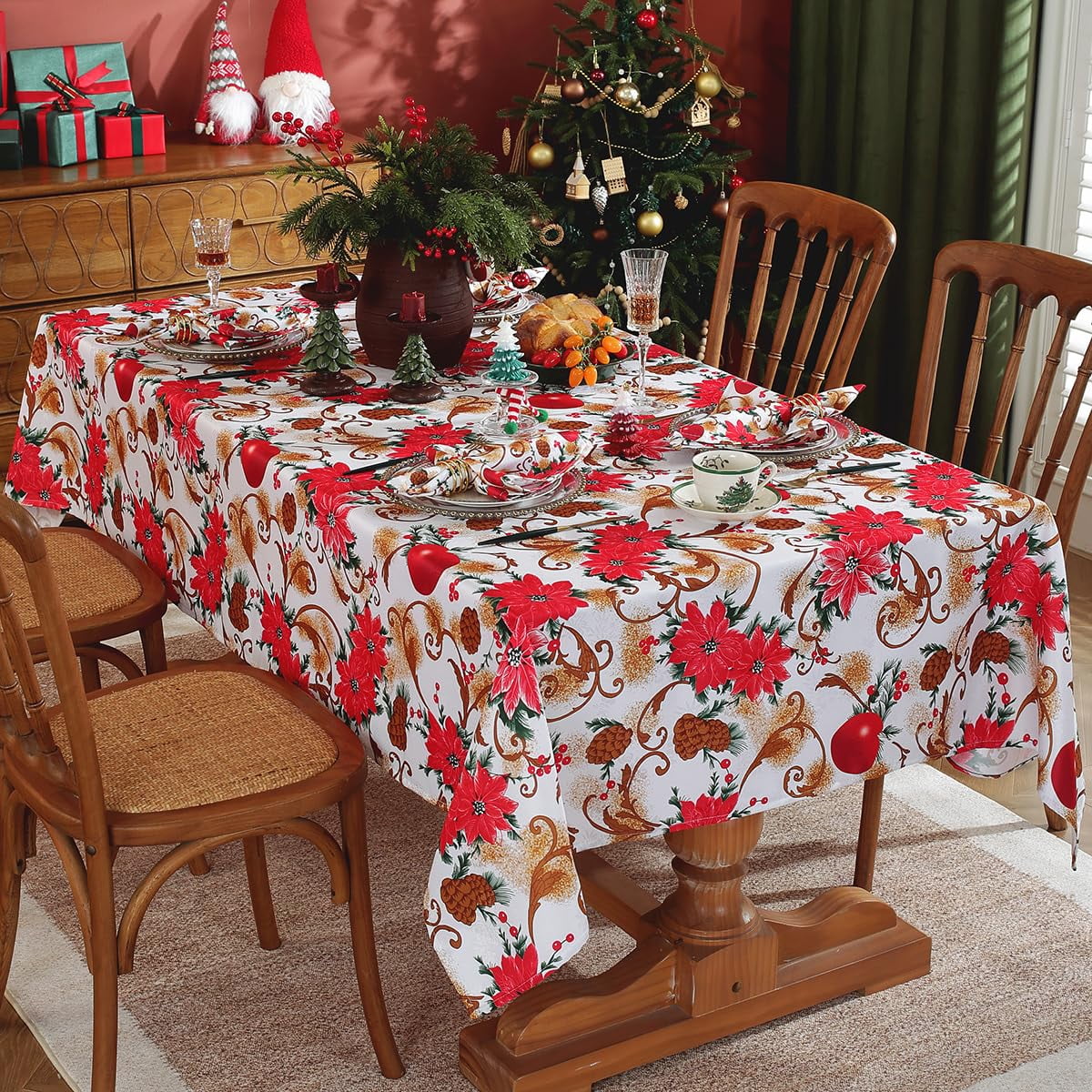 SASTYBALE Christmas Tablecloth Rectangle,Jacquard Fabric Christmas Table Cloth with Poinsettia Flowers, Spillproof Table Cover for Winter Holiday Dinner Decor