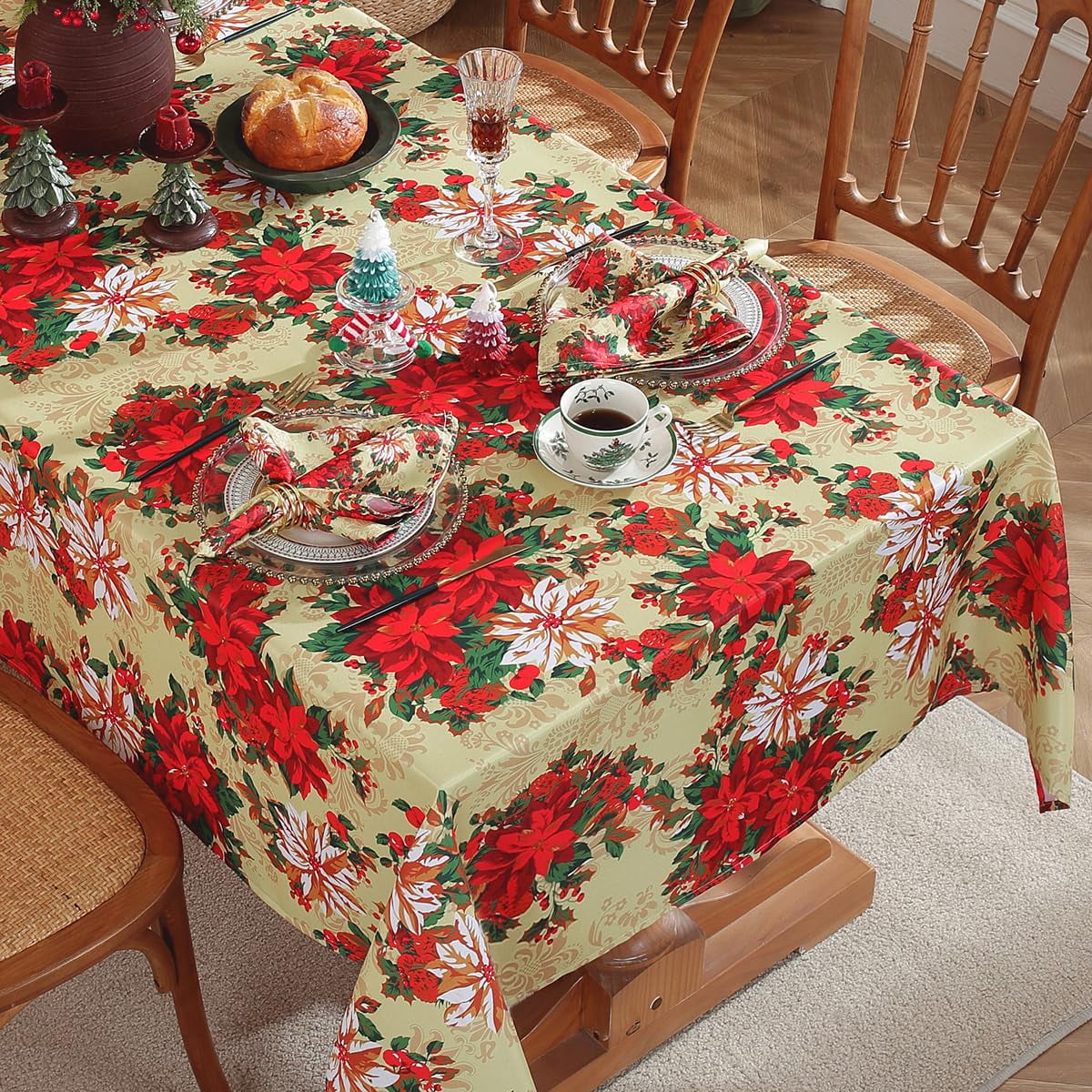 SASTYBALE Christmas Tablecloths Rectangular, Printed Xmas Table Cloth with Poinsettia Flowers and Holly Berries, Spillproof Polyester Table Cover for for Party Winter Holiday