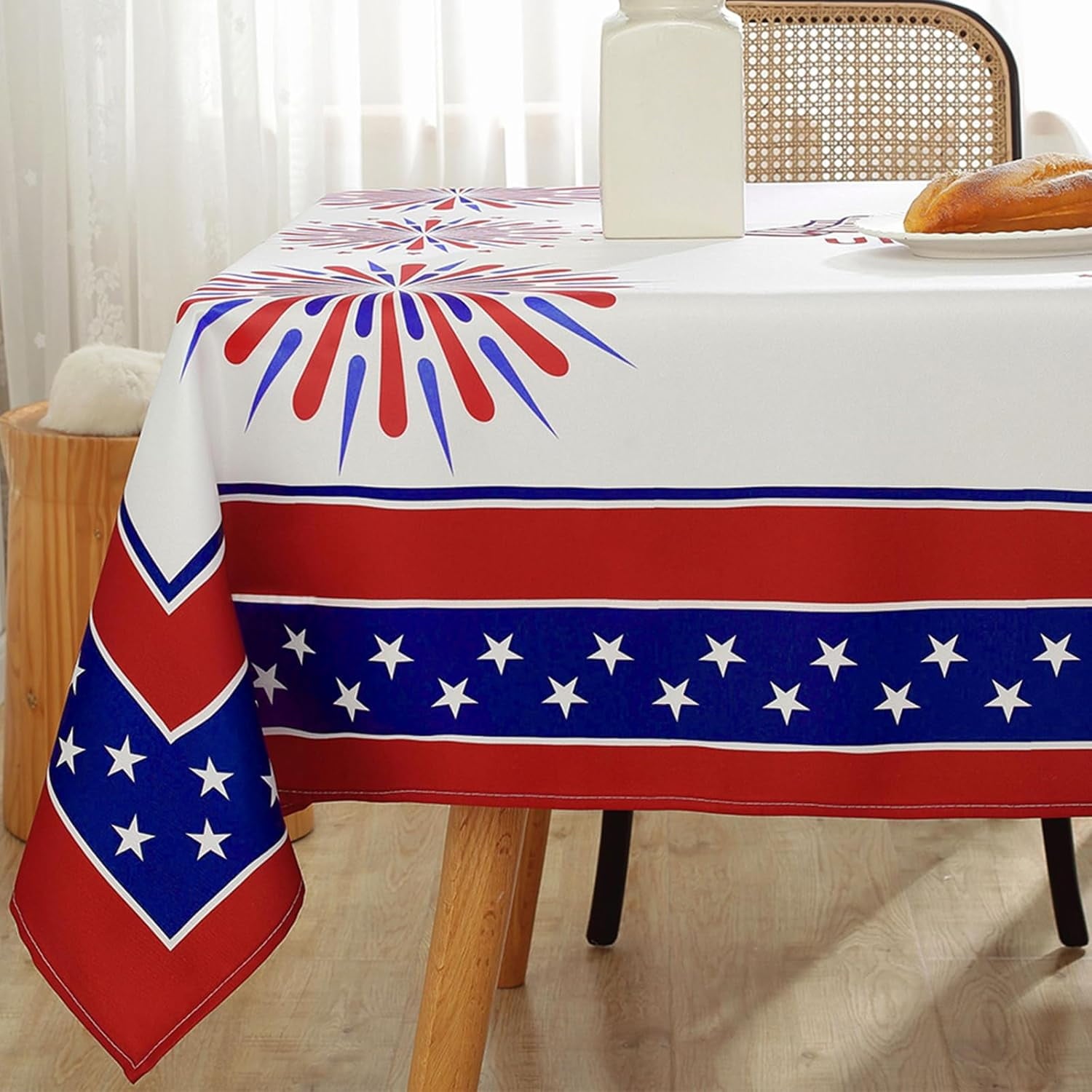 SASTYBALE Veterans Day Rectangle Tablecloth, 52 x 70 Inch Patriotic Fireworks Tablecloths Washable Spill Proof Wrinkle Resistant Soft Polyester Table Cover for Patriotic Holiday Parties