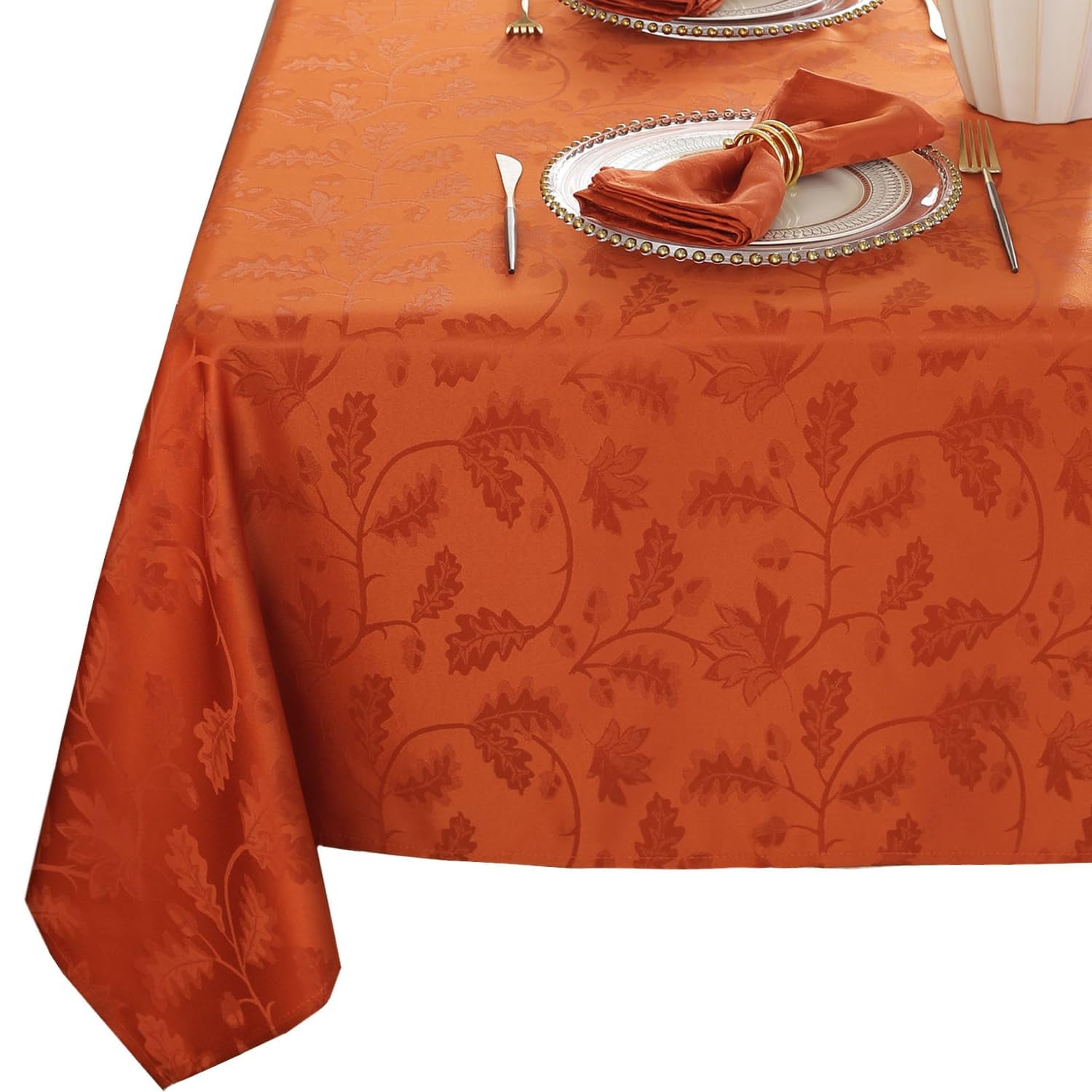 Tablecloth 52x70,Wrinkle Free,Soft,Spillproof Fall Leaves Jacquard Table Cloth for Thanksgiving Fall Holiday Harvest Dinner,Rust