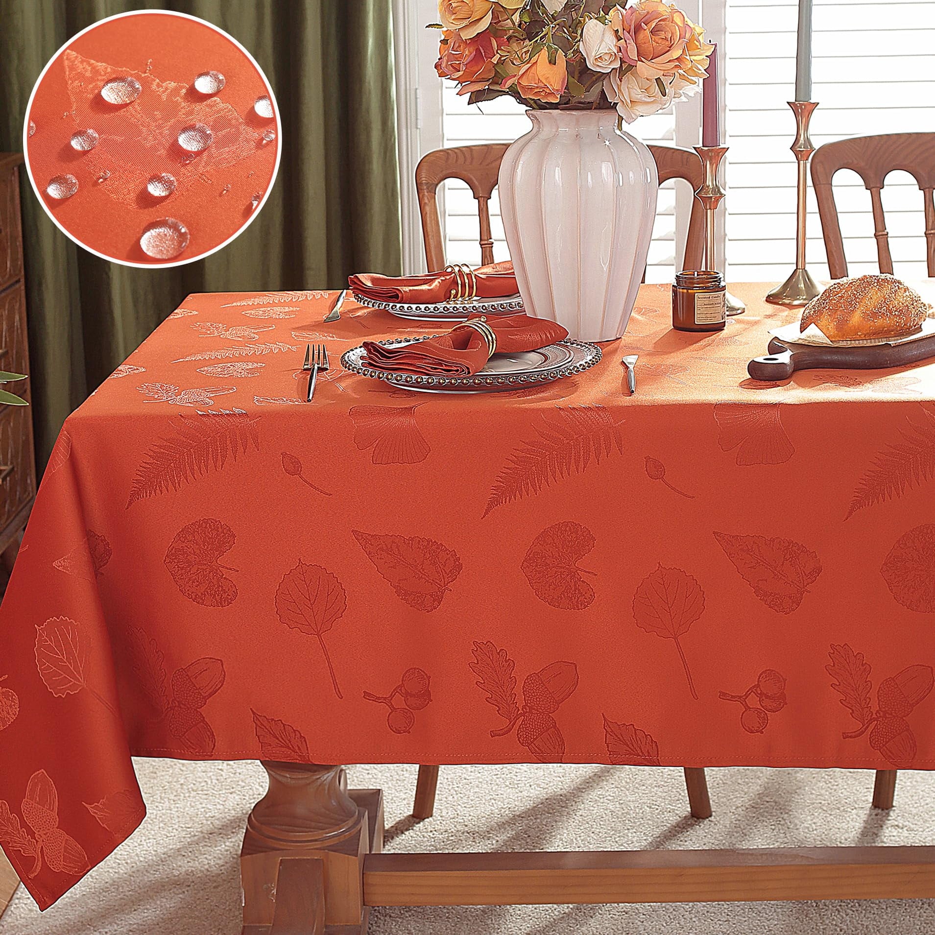 Thanksgiving Tablecloth Jacquard Heavy Duty & Spill Proof Table Cloth with Autumn Leaves, Washable Table Cover for Fall Harvest Holidays 60" x 84" Rust