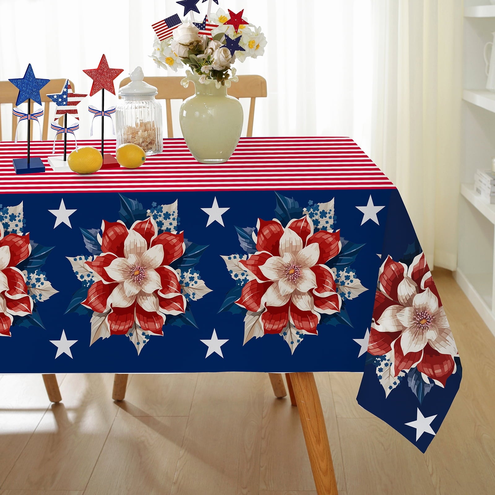 SASTYBALE Veterans Day Rectangle Tablecloth, 52 x 70 Inch Patriotic Fireworks Tablecloths Washable Spill Proof Wrinkle Resistant Soft Polyester Table Cover for Patriotic Holiday Parties