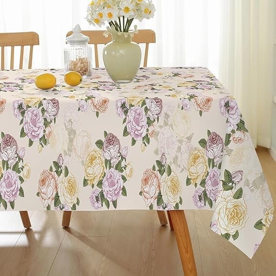 SASTYBALE Spring Floral Rectangle Tablecloth, 52 x 70 Inches Vintage Flower Tablecloths Water Resistant & Wrinkle Free Polyester Table Cover for Mothers Day Decor, Beige