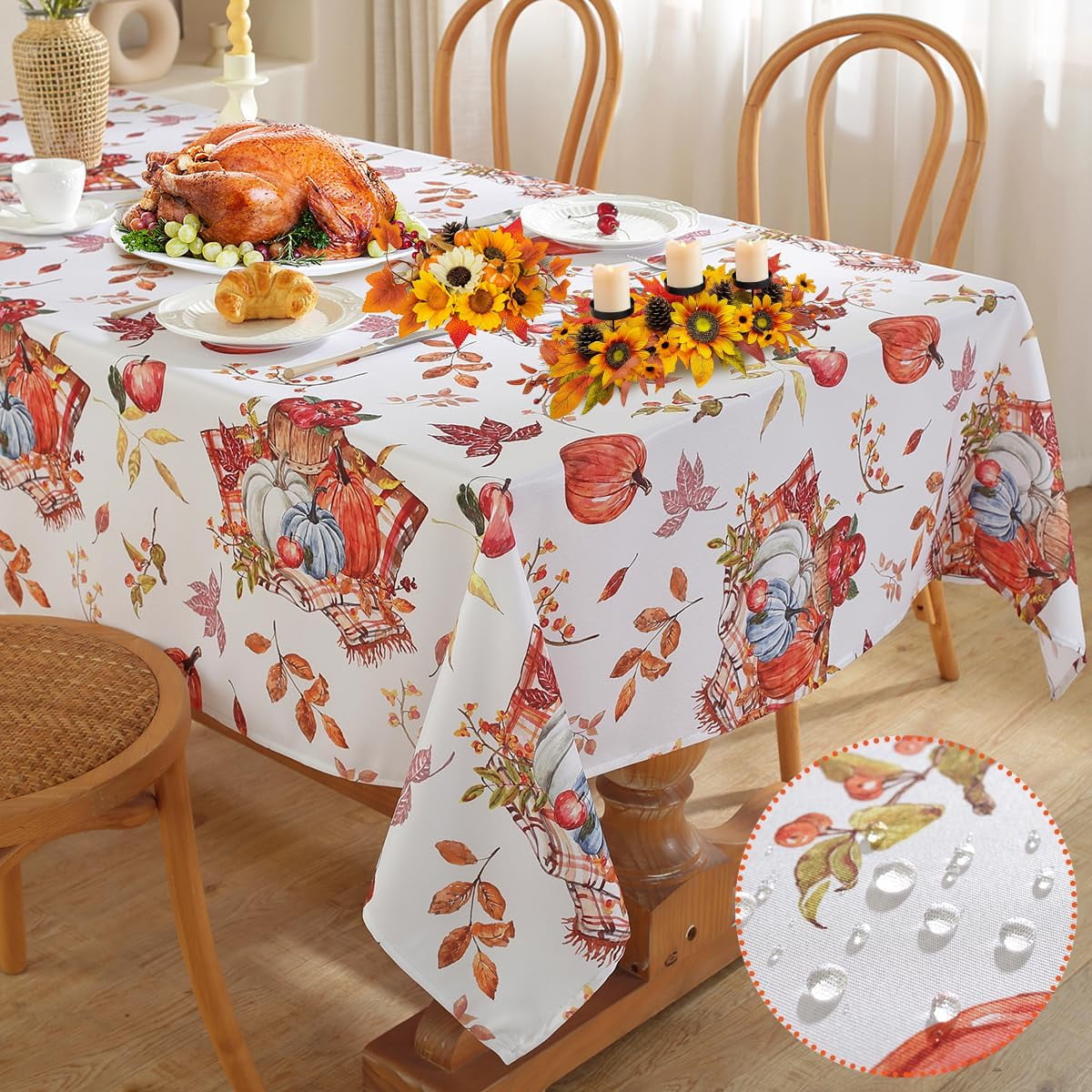 SASTYBALE Thanksgiving Tablecloth Rectangle, Fall Turkey Pumpkin Table Cloth Washable, Stain Resistant Polyester Autumn Table Cover for Harvest Farmhouse Parties Dinner Decor