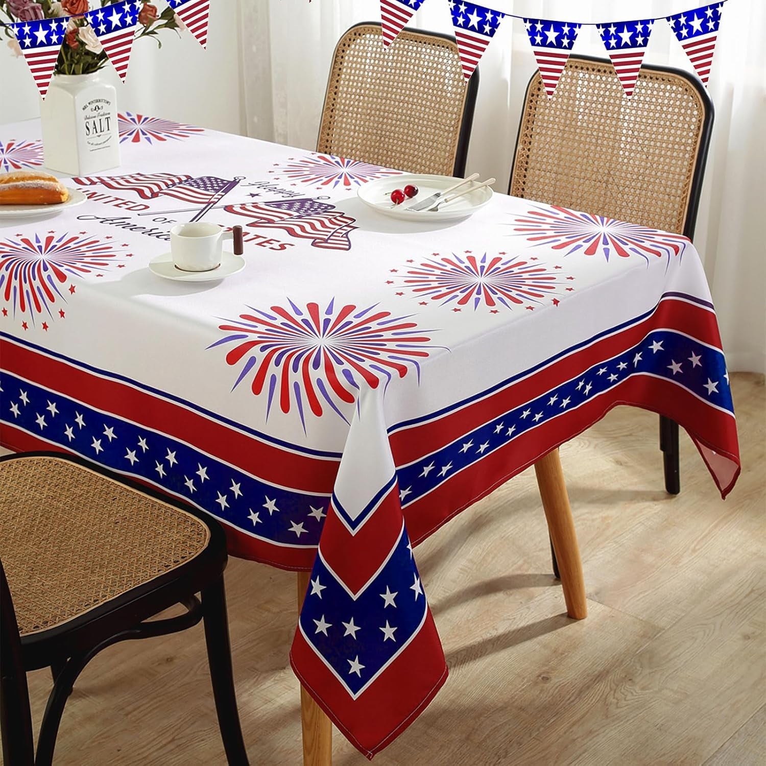 SASTYBALE Veterans Day Rectangle Tablecloth, 52 x 70 Inch Patriotic Fireworks Tablecloths Washable Spill Proof Wrinkle Resistant Soft Polyester Table Cover for Patriotic Holiday Parties