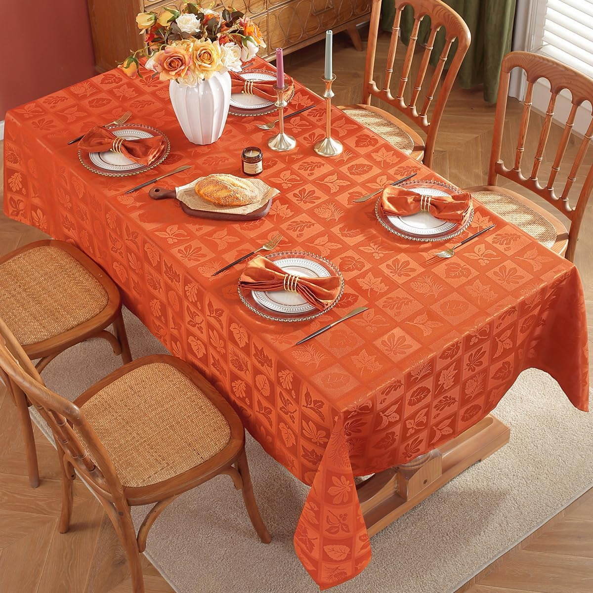 Tablecloth Rectangle 52 x 70 Inch Maple Leaves Jacquard Waterproof Washable Heavy Weight Damask Table Cloth, Plaid Table Cover for Fall, Thanksgiving, Autumn, Harvest, Party, Rusty