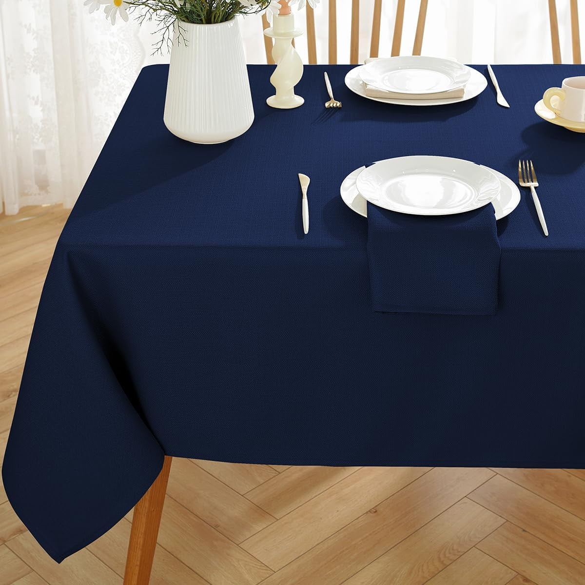 Faux Linen Tablecloth Rectangle Spill Proof Wrinkle Free Woven Textured Table Cloths, Soft Polyester Table Cover for Dining, Party, Holiday, Indoor, Outdoor (52 x 70 Inch Rectangular, Navy Blue)