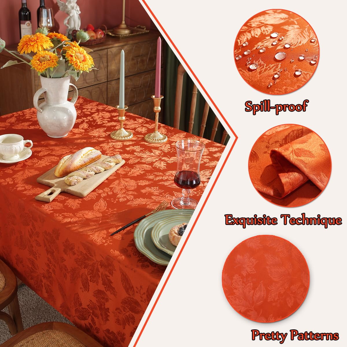 Maple Leaves Jacquard Tablecloth Rectangle Spill Proof Wrinkle Resistant Table Cloth for Fall Thanksgiving Autumn Harvest Table Cover 60 x 102 Inch Rusty