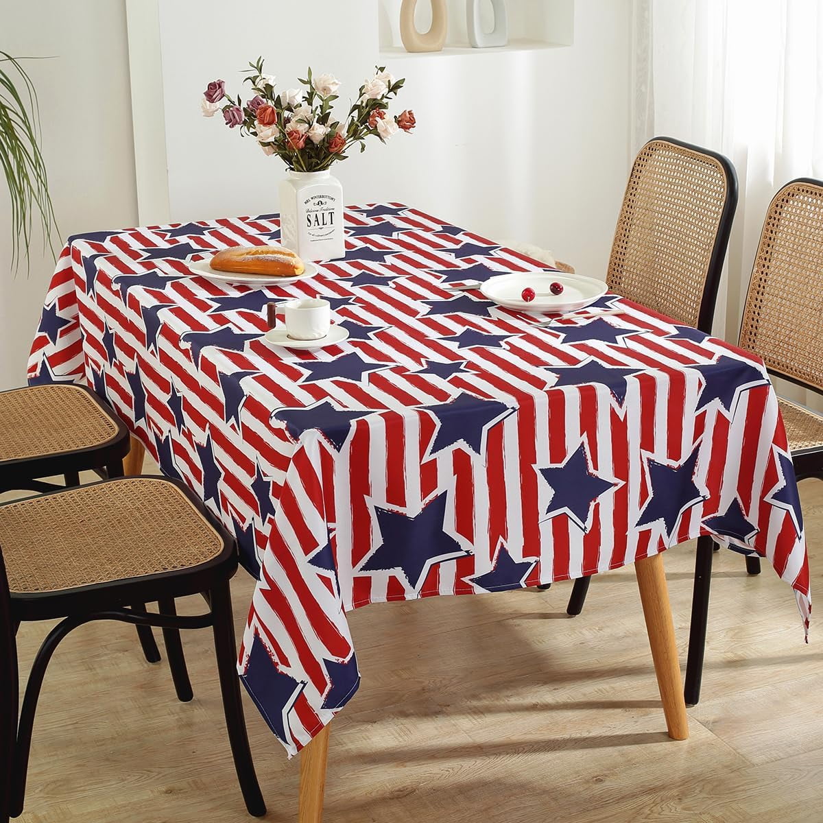 SASTYBALE Veterans Day Rectangle Tablecloth, 52 x 70 Inch Patriotic Fireworks Tablecloths Washable Spill Proof Wrinkle Resistant Soft Polyester Table Cover for Patriotic Holiday Parties