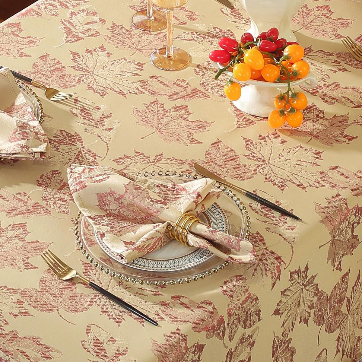SASTYBALE 60x84 Inch Burgundy Maple Leaves Tablecloth - Spill-Proof Wrinkle-Free Vintage Jacquard for Thanksgiving Dinners & Harvest Gatherings