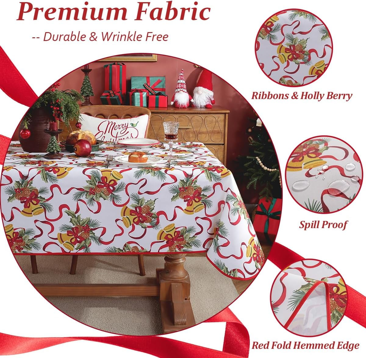 Christmas Tablecloth Water Oil Proof Holly Berry Cardinal Ribbon Bell Pine Cone Table Cloth, Fabric Xmas Table Cover for Holiday, Winter, Santa, Dinner Party