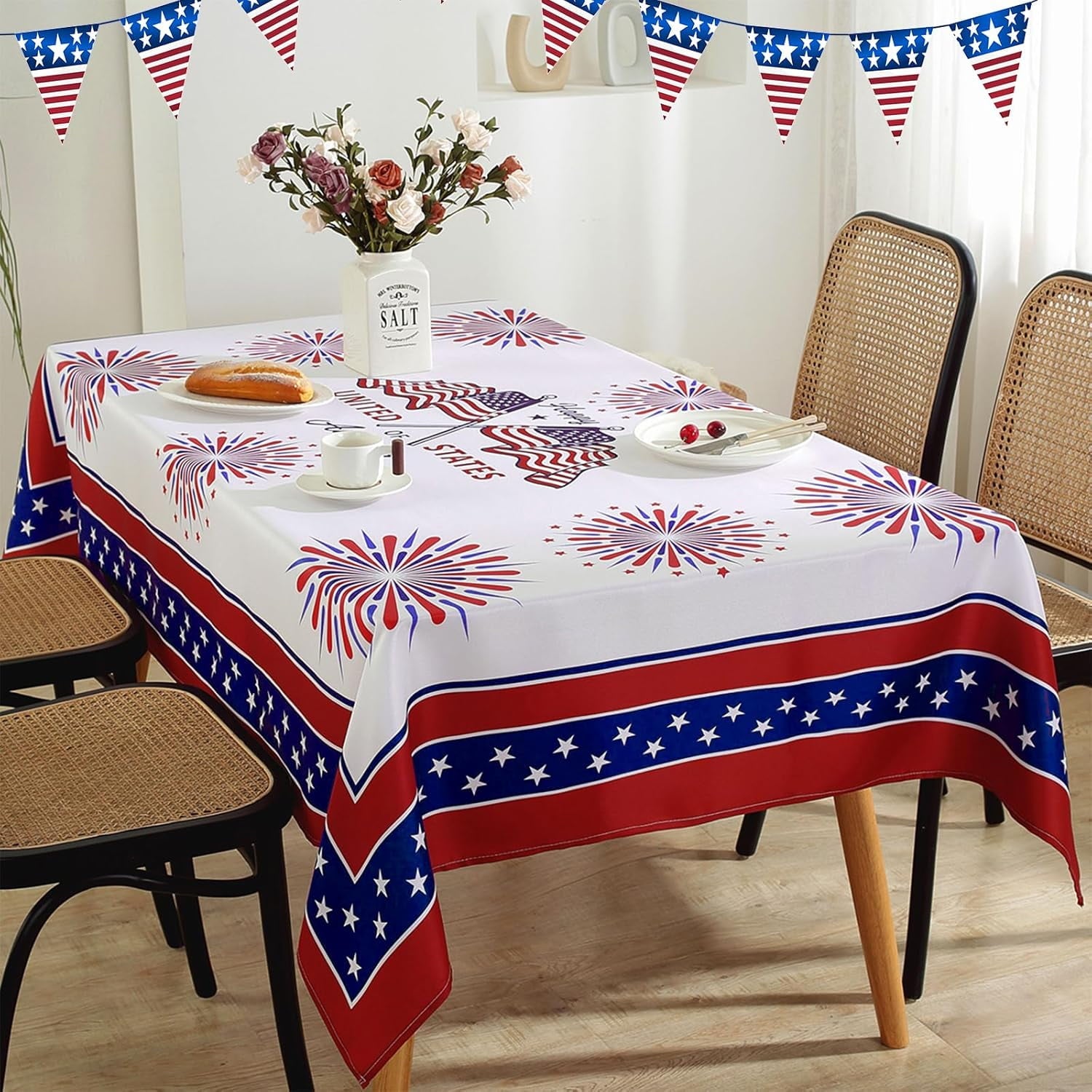 SASTYBALE Veterans Day Rectangle Tablecloth, 52 x 70 Inch Patriotic Fireworks Tablecloths Washable Spill Proof Wrinkle Resistant Soft Polyester Table Cover for Patriotic Holiday Parties