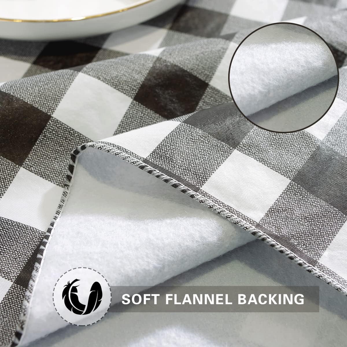 Buffalo Plaid Vinyl Tablecloth With Flannel Backed Rectangle 60 x 120 Inch, Waterproof & Non Slip Checkered Tablecloths, Plastic Table Cover for Dining, Party, Indoor, Outdoor, Black and White