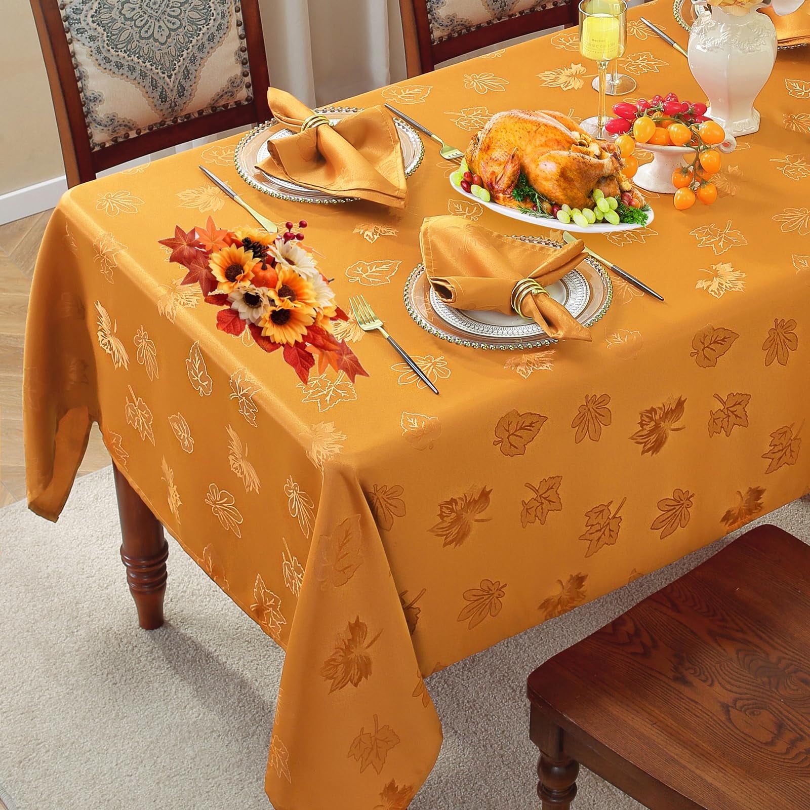 Fall Tablecloth Spillproof Heavy Duty Fabric Jacquard Table Cloth with Maple Leaves Design for Thanksgiving, Harvest Holidays 52"x52" Amber