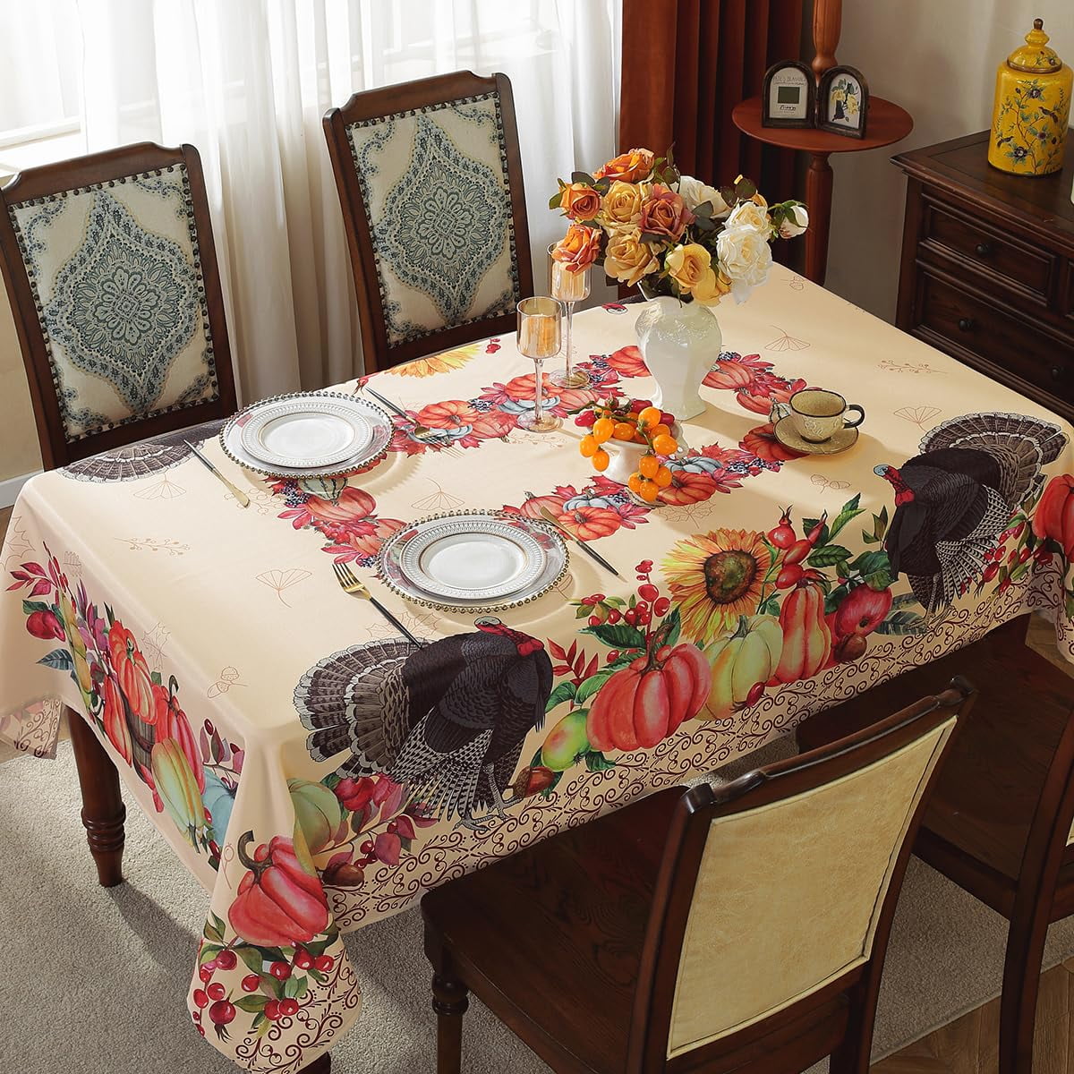 SASTYBALE Thanksgiving Tablecloth Rectangle, Fall Turkey Pumpkin Table Cloth Washable, Stain Resistant Polyester Autumn Table Cover for Harvest Farmhouse Parties Dinner Decor