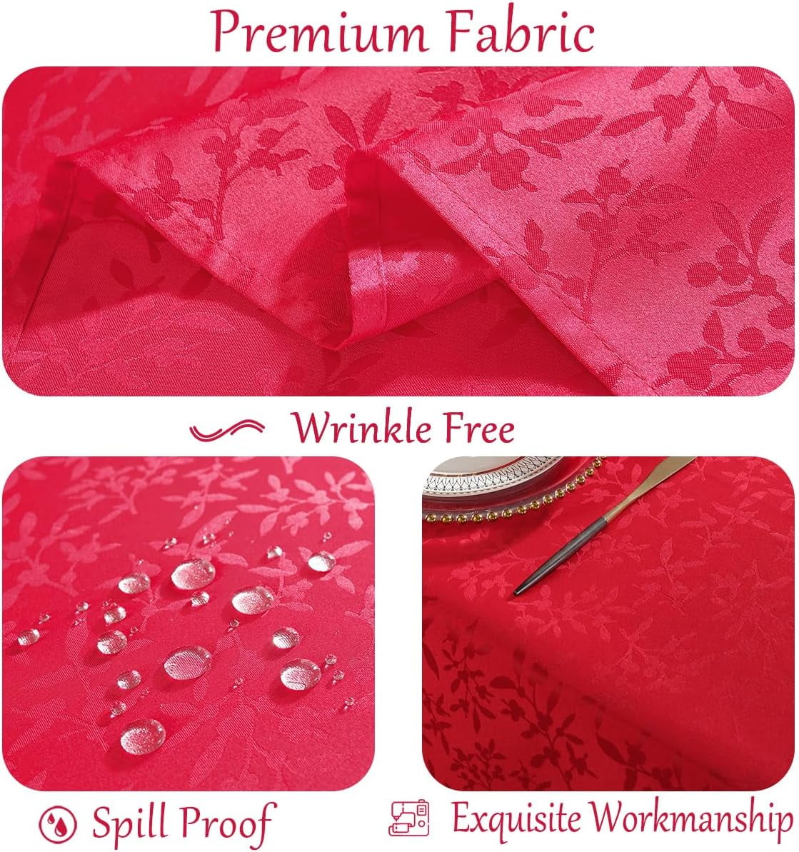 SASTYBALE Christmas Tablecloth Jingle Bells Holly Berry Jacquard Waterproof Wrinkle Free Damask Table Cloths, Fabric Table Cover for Xmas, Holiday, Winter, Party