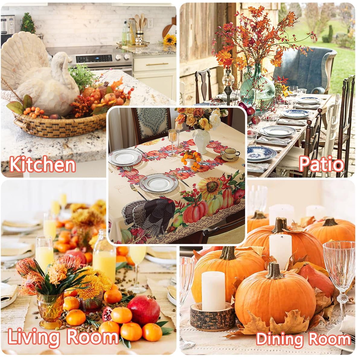 SASTYBALE Thanksgiving Tablecloth Rectangle, Fall Turkey Pumpkin Table Cloth Washable, Stain Resistant Polyester Autumn Table Cover for Harvest Farmhouse Parties Dinner Decor