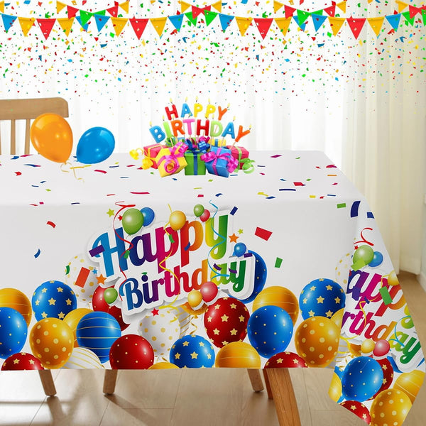 Happy Birthday Tablecloth Colorful Gifts Balloon Confetti Spill/Oil Proof Washable Table Cloths, Polyester Table Cover for Home Dining Party, Indoor, Outdoor Decoration