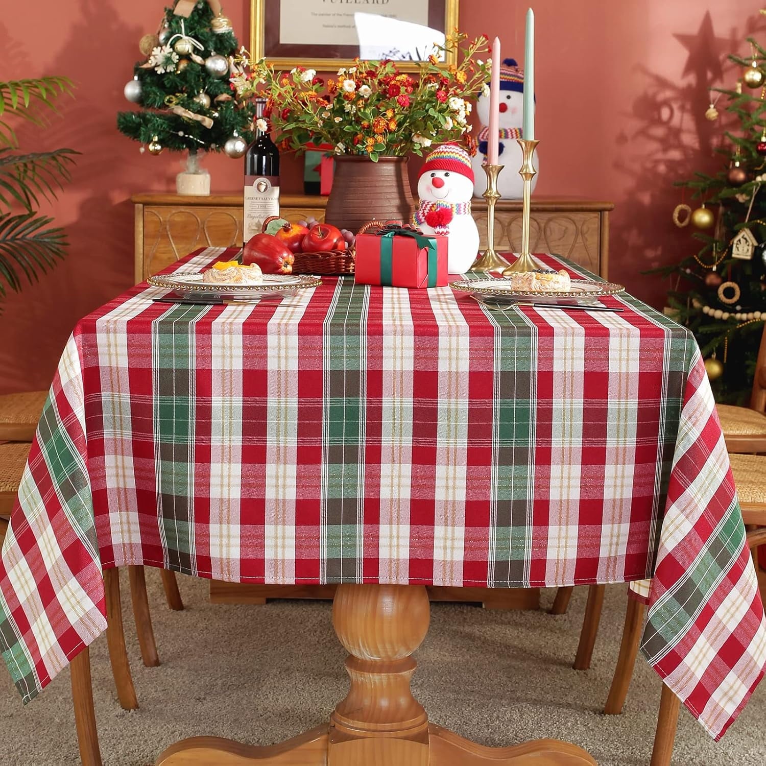 SASTYBALE Red and White Plaid Tablecloth,Rectangle Xmas Metallic Fabric Table Cloth Wrinkle Resistant Heavy Weight Polyester Table Cloths for Holiday Kitchen Dinning Tabletop