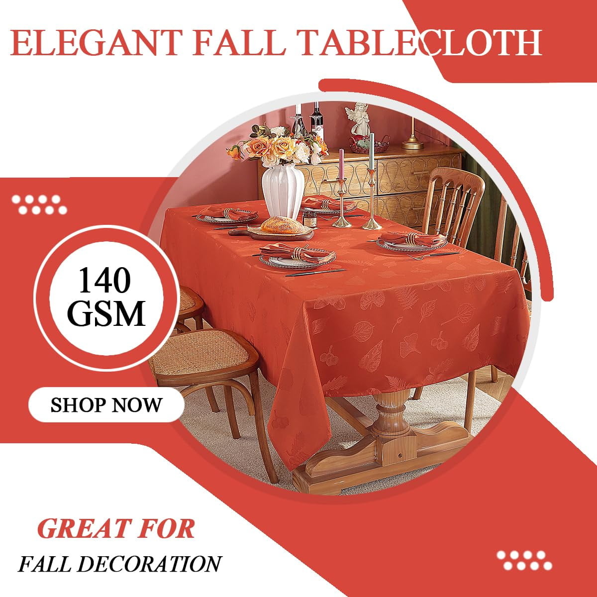 Thanksgiving Tablecloth Jacquard Heavy Duty & Spill Proof Table Cloth with Autumn Leaves, Washable Table Cover for Fall Harvest Holidays 60" x 84" Rust
