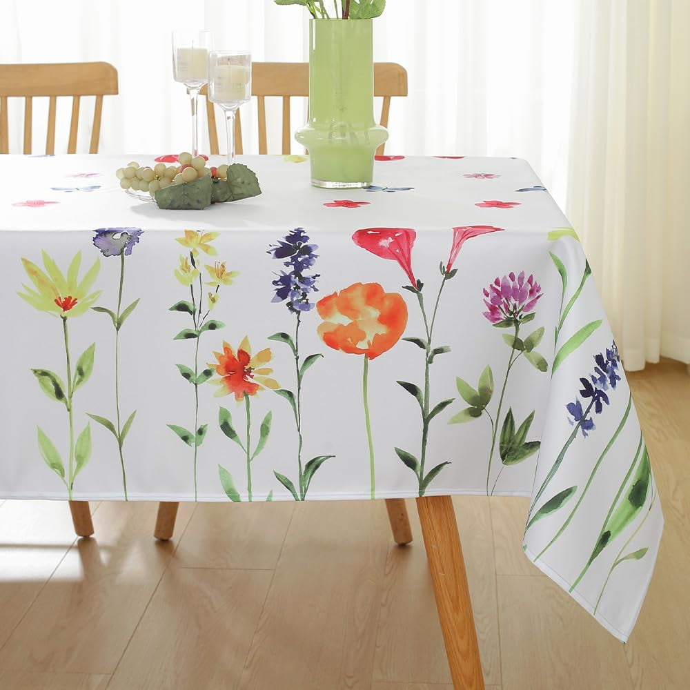 Spring Wildflower Table Cloth Rectangle Table 60x84 Inch,Washable Summer Floral Fabric Tablecloth, Waterproof Runner Style Table Cloths for Party Picnic Dinner Outdoor