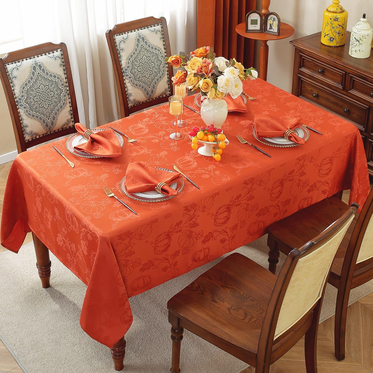 Fall Tablecloths Jacquard Thanksgiving Table Cloth with Pumpkins and Vines, Stain Resistant Table Cover for Harvest, Dining, Party Decor 52" x 52" Rust