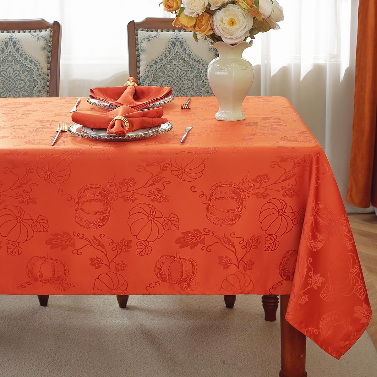 Fall Tablecloths Jacquard Thanksgiving Table Cloth with Pumpkins and Vines, Stain Resistant Table Cover for Harvest, Dining, Party Decor 52" x 52" Rust