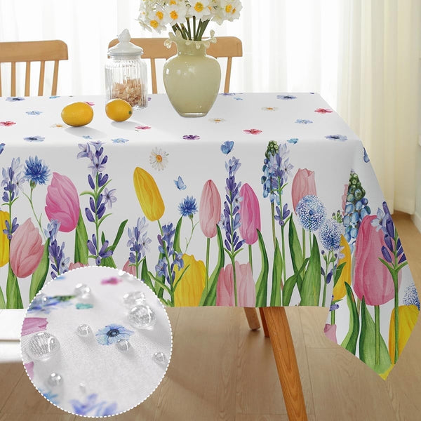 SASTYBALE Spring Floral Tablecloth Rectangle, Washable Tulip Lavender Table Cloth Polyester, Spill Proof Wrinkle Resistant Table Cover for Picnic, Party, Dinner Outdoor Decor (Rectangle, 52" x 70")