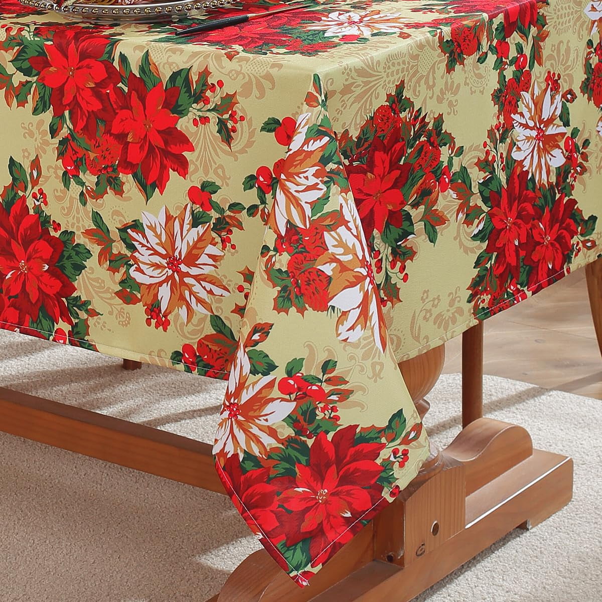 SASTYBALE Christmas Tablecloths Rectangular, Printed Xmas Table Cloth with Poinsettia Flowers and Holly Berries, Spillproof Polyester Table Cover for for Party Winter Holiday