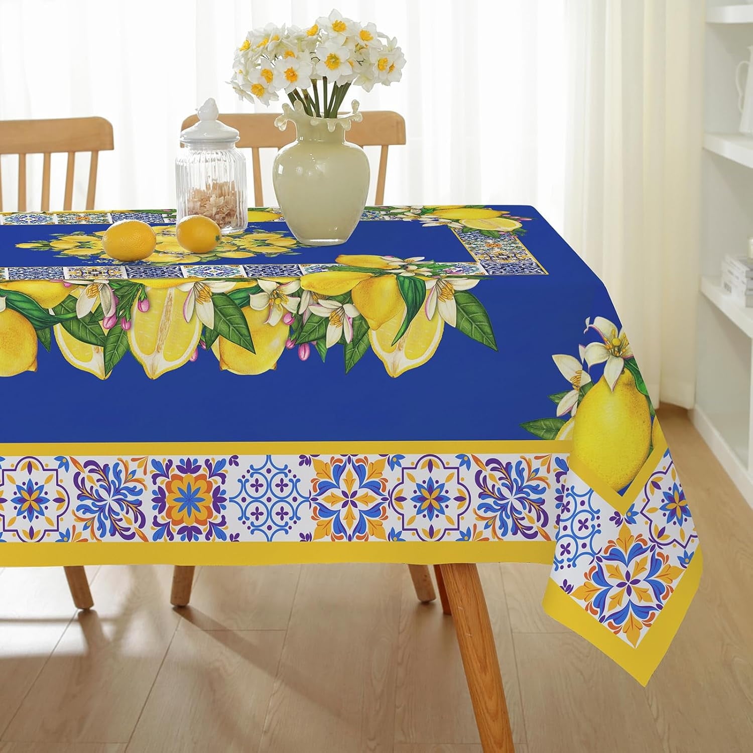Summer Tablecloths Rectangle 52x70 Inch, Washable Reusable Lemon Tropical Hawiian Table Cloth, Spill Proof Hawaii Fabric Decoration for Luau Picnic Beach Party Outdoor