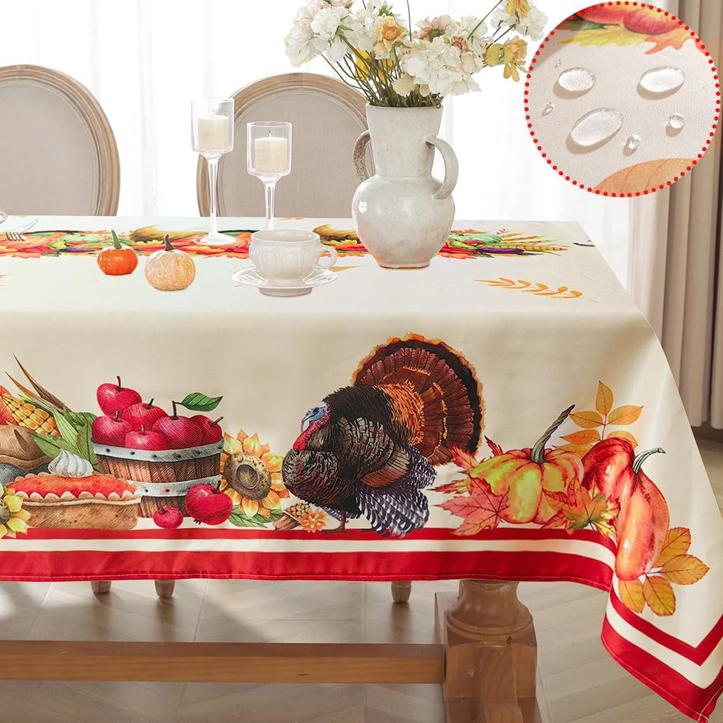 SASTYBALE Thanksgiving Tablecloth Rectangle, Fall Turkey Pumpkin Table Cloth Washable, Stain Resistant Polyester Autumn Table Cover for Harvest Farmhouse Parties Dinner Decor