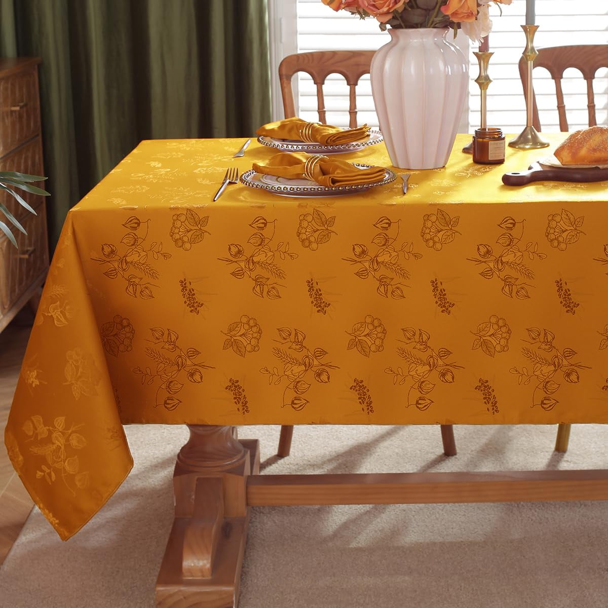 Fall Jacquard Tablecloth Elegant Damask Fabric Thanksgiving Table Cloth, Spillproof Wrinkle Resistant Vintage Table Cover for Harvest, 52 x 52 Inch Amber