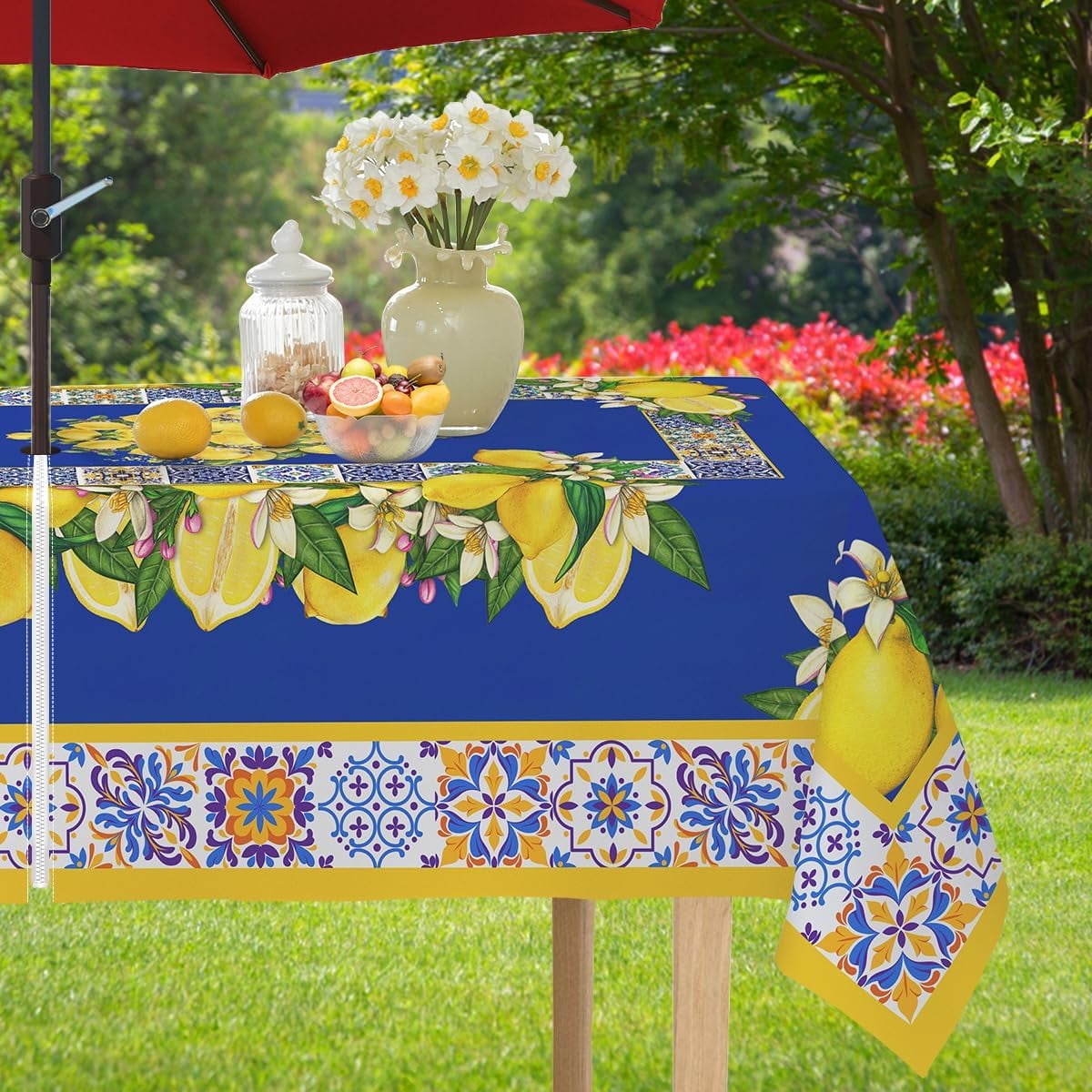 Rectangle Tablecloth with Umbrella Hole and Zipper, Spill Proof Wrinkle Free Table Cloth, Washable Polyester Patio Table Cover for Outdoor Picnic BBQS(Blue and White,52 x 70 Inch)