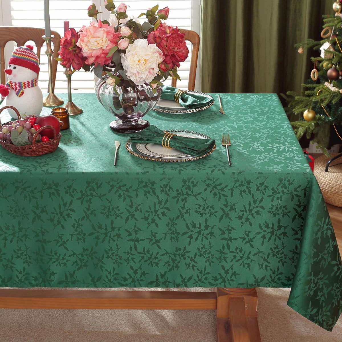 SASTYBALE Christmas Tablecloth Jingle Bells Holly Berry Jacquard Waterproof Wrinkle Free Damask Table Cloths, Fabric Table Cover for Xmas, Holiday, Winter, Party
