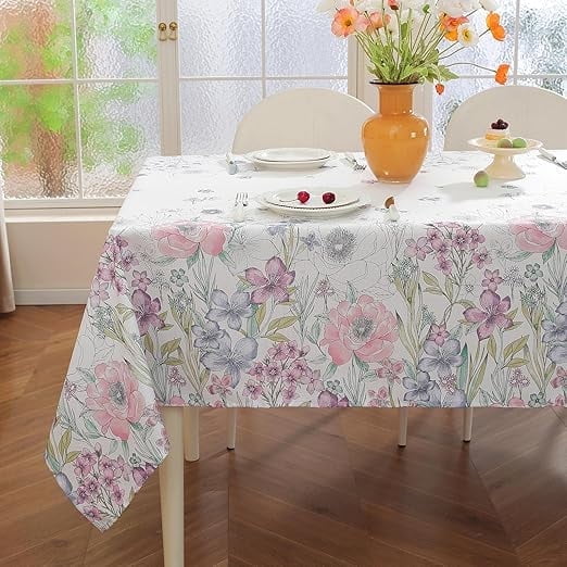 SASTYBALE Spring Floral Rectangle Tablecloth, 52 x 70 Inches Vintage Flower Tablecloths Water Resistant & Wrinkle Free Polyester Table Cover for Mothers Day Decor, Beige